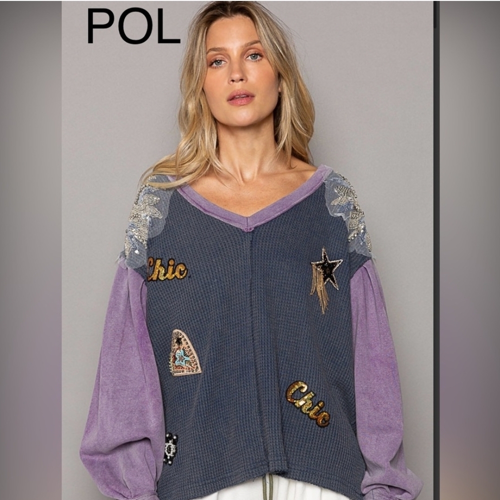 NEW!!! POL Embroidered Purple and Blue Blouse with Sequins, Sz Large - Picture 3 of 5